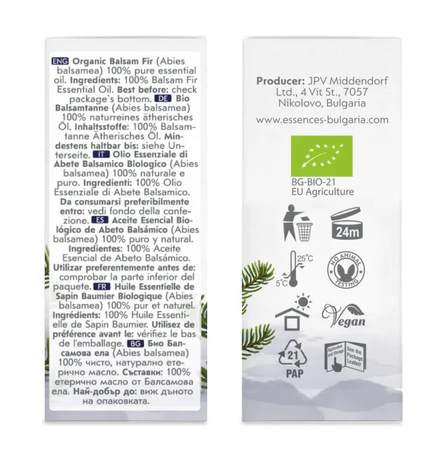 Био Етерично Масло от Балсамова Ела (10мл) кутия страни