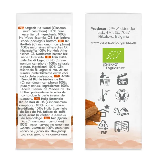 Био Етерично Масло от Дърво Хо (15мл) кутия страни