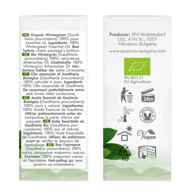 Био Етерично Масло от Гаултерия (15мл) кутия страни