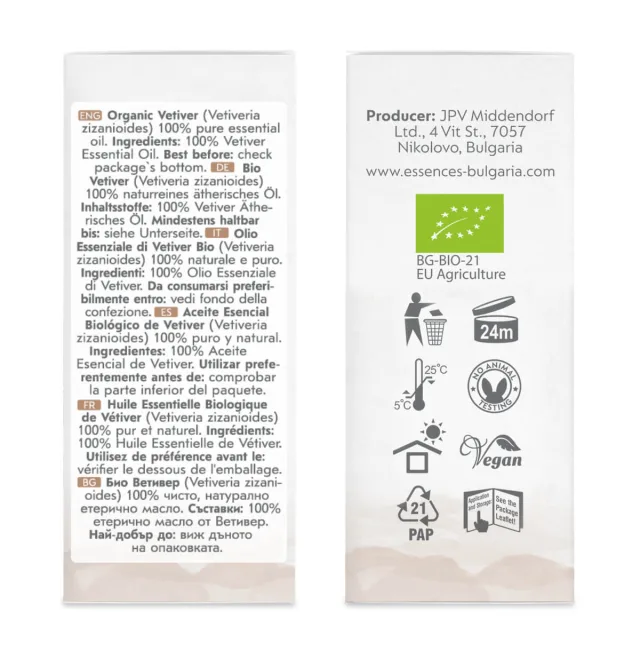Био Етерично Масло от Ветивер (10мл) кутия страни